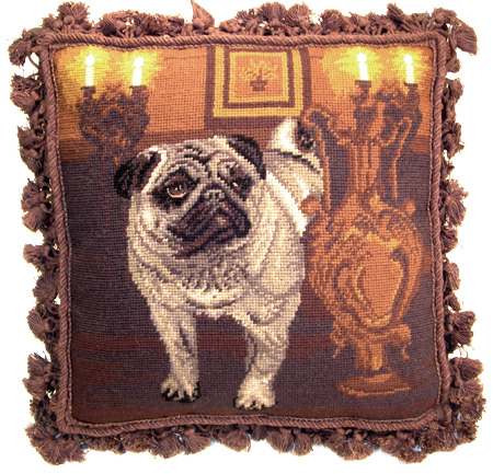 Fancy Fringed Needlepoint Pug Pillow